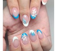 Faux ongles élégants bleus et blancs dégradés floraux à presser pour manucure rapide pour événement de mariage facile à appliquer pour femme