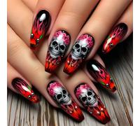 Faux ongles en ABS durable avec motif floral - Idéal pour les fêtes - Utilisation quotidienne - Halloween - Rouge - Tête de mort - Fleur