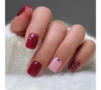Faux ongles en ABS durables - Rouge - Paillettes - Cœurs courts - Ongles artificiels carrés légers et confortables pour une utilisation longue durée - Paillettes en forme de cœur