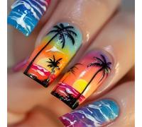 Faux ongles en acrylique à appliquer rapidement - Coucher de soleil - Plage - Palmier - Faux ongles - Couvrance complète - Pour diverses occasions - Coucher de soleil - Plage