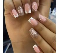 Faux ongles en acrylique à bout français pour la Saint-Valentin, ongles à coller en forme de cœur scintillant pour fête