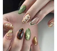 Faux ongles en acrylique à coller Medium Almond 3D Gold Line Emerald Green sans dommages