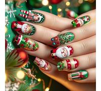 Faux ongles en acrylique avec motif Père Noël avec boîte cadeau pour fêtes et usage quotidien