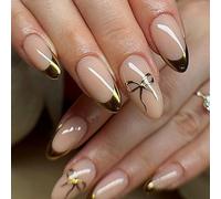 Faux ongles en forme d'amande, 24 pièces, colle artificielle à pression sur les motifs de nœuds papillon, pointes françaises à coller sur les ongles