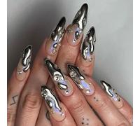 Faux ongles en forme d'amande à presser Manucure française Ongles artificiels avec décoration argentée 3D et ensemble d'outils portables