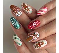 Faux ongles en forme d'amande avec bonhomme en pain d'épice Motif maison chocolat Couverture complète à coller sur les ongles de Noël