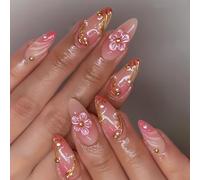 Faux ongles en forme d'amande florale - Design français - Matériaux ABS - Pas besoin d'outils pour une utilisation sans effort - Effet salon