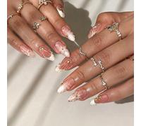 Faux ongles en forme d'amande pour la manucure à domicile | Lot de 30 fleurs blanches dimensionnelles d'inspiration française nude, accents dorés