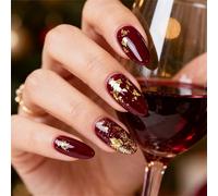 Faux ongles en forme d'amande sur le thème de Noël - Rouge vin et or - Kit de manucure française - Bâton de presse en ABS - Solution de beauté - Bordeaux - Or - Amande
