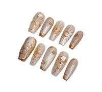 Faux Ongles En Forme De Cercueil, De Longueur Moyenne, Faits À La Main, Champagne, Or, Peints À La Main, Lune Cosmique, À Presser, 10 Pièces Kit Manucure