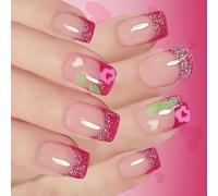 Faux ongles en forme de cœur scintillant, pointe française de saint-valentin, courts, carrés, flammes, faciles à appliquer, 24 pièces