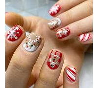 Faux ongles en forme de flocon de neige avec motifs de pain d'épice à coller sur la maison de bonbons artificiels courts carrés artificiels de Noël