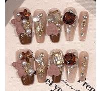 Faux Ongles en Forme D'ours de Dessin Animé, Ongles en Acrylique au Design élégant, Ongles a Coller avec des Accents de Diamant(M)