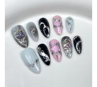 Faux-ongles en poudre d'amande, 10 pièces, en Relief, avec nœud dessiné à la main, Design étoile, à pression, couverture complète faite à la main(Color:3,Size:S)