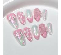 Faux-ongles en poudre d'amande, 10 pièces, en Relief, avec nœud dessiné à la main, Design étoile, à pression, couverture complète faite à la main(Color:4,Size:L)