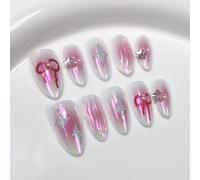 Faux-ongles en poudre d'amande, 10 pièces, en Relief, avec nœud dessiné à la main, Design étoile, à pression, couverture complète faite à la main(Color:6,Size:M)