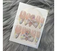 Faux-ongles en poudre d'amande, 10 pièces, en Relief, avec nœud dessiné à la main, Design étoile, à pression, couverture complète faite à la main(Color:8,Size:M)