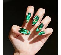 Faux ongles ergonomiques en ABS - Motif œil de chat - Amande - Pour fête de mariage - Manucure rapide à la maison - Émeraude