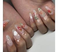 Faux Ongles Été Cristal Avec Fraise, Lys et Perles, 24 Pièces Avec Colle, Style Doux Européen, Réutilisables