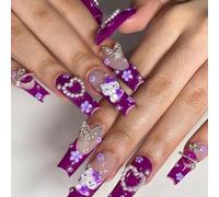 Faux Ongles Extrem Long MouyouGlow,Ballerine Nude Violet French 3D Kitty Papillon Perle Cœur Diamant Planet Fleurs Press on Nails avec Colle à Ongles,Kawaii Y2K Coquette Cute Fake Nails