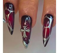 Faux Ongles Extrême Long MouyouGlow,Stiletto Halloween Noir Rouge Argent French 3D Cross Charms Gothic Press on Nails avec Colle à Ongles,Black Red Silber Wavy Fake Nails