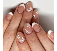 Faux ongles faciles à utiliser - Style français - Pour un usage quotidien - Amélioration sûre des doigts - Motif floral - Blanc