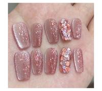 Faux Ongles Fake Nails Square Head Cat's Eye French Nail Glitter Powder Press on Nails Waterproof Faux Fingernails Christmas False Nails(Color29)