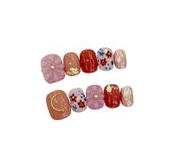 Faux Ongles Faux ongles à pression ronds et courts violets, feuille d'or, sculpture florale, Design floral, faits la main, mignons, détachables, 10 pièces(Color 2-XS)