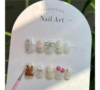 Faux Ongles Faux ongles courts faits à la main, mignons et, avec nœud papillon, ours d'amour, bord en dentelle, doux Sexy, pression, été(Color-1-L)