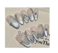 Faux Ongles Faux ongles en argent œil de chat, diamants français faits à la main, patch décoration d'ongles amande, 10 pièces(XS)