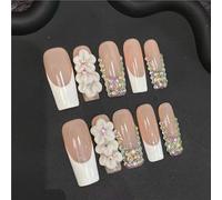 Faux Ongles Faux ongles longs de couleur chair, 10 pièces, blancs, faits à la main, pression, diamant brillant, fleur, stylistes, Art coller(M)