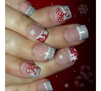 Faux ongles festifs argentés scintillants, pointe française courte et carrée, détails de canne en flocon de neige, outils inutiles pour la fête de Noël, manucure française en forme de flocon de neige
