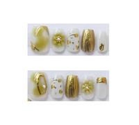 Faux Ongles Fleurs de prunier en forme chute neige, avec perles, yeux chat, à pression sur les ongles, détachables, faits la main, mignon, tendance, faux Patch d'art, 10 pièces(Gold-XS)