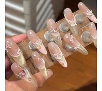 Faux Ongles Français à Coller en œil de Chat Pêche de Rêve,Ongles en Acrylique Faits à la Main, Amovibles, Faux Ongles élégants(S)