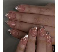 Faux Ongles français Argent Presse à Amandes Courtes sur Ongles Collage Complet sur Ongles Simple Acrylique Artiste Ongles sur Ongles Argent Pointe Française Faux Ongles Faux Amande Courte