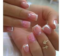 Faux ongles français blancs brillants, 24 pièces, carrés courts, pressions avec cœur rose, ABS mat, ajustement naturel, usage quotidien, pressions courtes