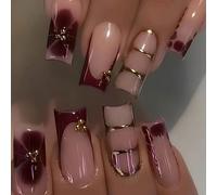 Faux ongles français en forme de cercueil, fleur rétro, longs, Caviar, perle florale, or, Design creux, pointes à pression, acrylique Y2k, 24 pièces NO.25