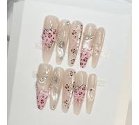 Faux ongles français imprimé léopard, 10 pièces, avec cœurs, paillettes roses, œil de chat, à pression, pour femmes, fête de mariage L