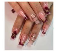 Faux Ongles Français Longs En Forme De Cercueil, 24 Pièces, Motifs Floraux Dorés, Vin Rouge, Perles De Caviar Florales, À Pression Kit Manucure(Y1)
