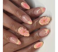 Faux ongles français longue tenue avec détails de fleurs - Mélange jaune - Application facile - Durabilité - Matériaux ABS - Élégante manucure française - Forme d'amande