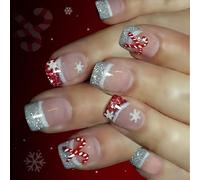 Faux ongles français scintillants prêts à l'emploi - Flocon de neige de Noël - Design canne à sucre - Port sans effort - Aucun outil nécessaire - Ongles ABS à presser