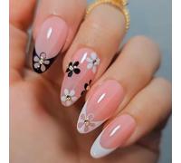 Faux ongles French Amande entièrement recouverts avec fleurs pour les amateurs de nail art et les salons de beauté