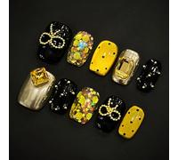 Faux Ongles Glamour œil de Chat Noirs et Dorés avec Diamants et Perles en Acier - Press On Nails Artificiels(XS)