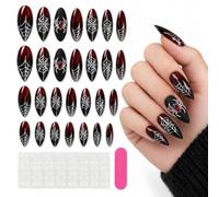 Faux Ongles Halloween, 24 PCS 3D, Stiletto Halloween Rouge Gradient Noir | Ongle Halloween, 3D Argent Araignées Crytsal Horror Spooky Press on Nails, Couverture Totale Presse Ongle Pour Les Femmes