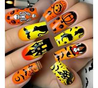 Faux ongles légers pour Halloween, style cercueil avec toile d'araignée et tête de mort, pour femmes, accessoires de fête d'Halloween, ongles à presser
