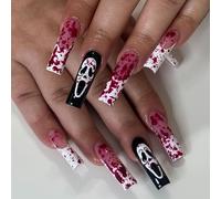 Faux Ongles Long MouyouGlow,Ballerine Halloween Scream Ghostface Blood Sang Skull Crâne Vampire Totenkopf Horror Creepy Spooky Press on Nails avec Colle à Ongles,French Scary Fake Nails