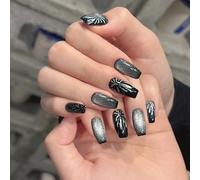 Faux Ongles Long MouyouGlow,Ballerine Noir Feux d'artifice Argent Cat Eye Magnetic Nouvel an Press on Nails avec Colle à Ongles,New Year Photothérapie Art Fake Nails,10pcs（84-M Taille）