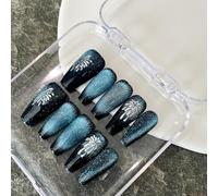 Faux Ongles Long MouyouGlow,Ballerine Noir Ombré Bleu Feux d'artifice Cat Eye Magnetic Nouvel an Press on Nails avec Colle à Ongles,New Year Photothérapie Art Fake Nails,10pcs（86-M Taille）