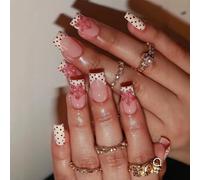 Faux Ongles Long MouyouGlow,Carré Points French 3D Fleurs Floral Design Press on Nails,Polka Dots Tips Flower Été INS Fake Nails pour Femme