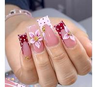 Faux Ongles Long MouyouGlow,Carré Rosa Points French 3D Fleurs Floral Or Gold Beads Design Press on Nails,Pink Polka Dots Tips Flower Été INS Fake Nails pour Femme
